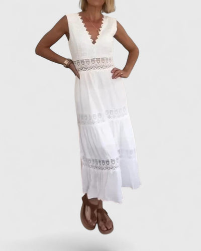 Emilia | Mouwloze dames midijurk met V-hals en kant