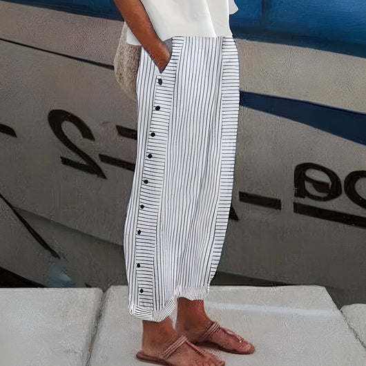 Julia | Dames gestreepte casual broek met knoopdetails