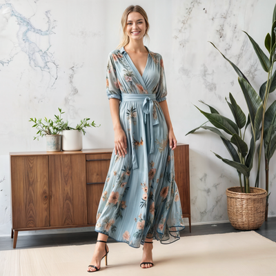 Liora | Chiffon wikkelmaxijurk met bloemenprint – jurk voor bruiloftsgasten