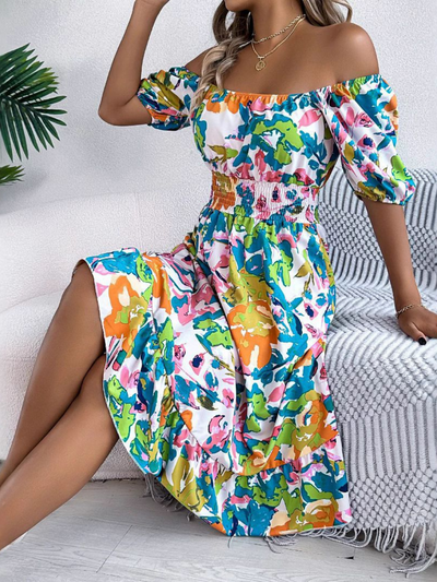 Celeste | Bloemen off-shoulder midi-jurk – zomerjurk