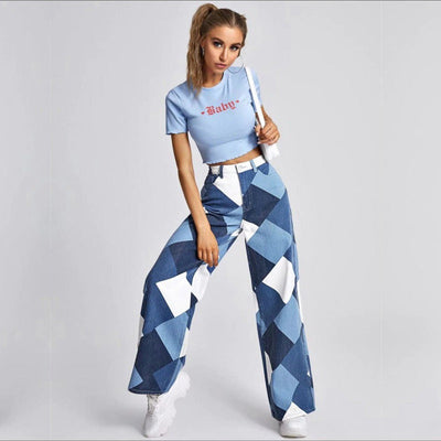 Ravenna flared jeans met hoge taille en ruitmotief