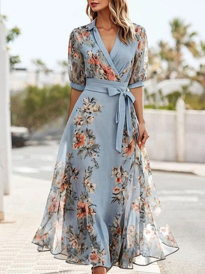 Liora | Chiffon wikkelmaxijurk met bloemenprint – jurk voor bruiloftsgasten