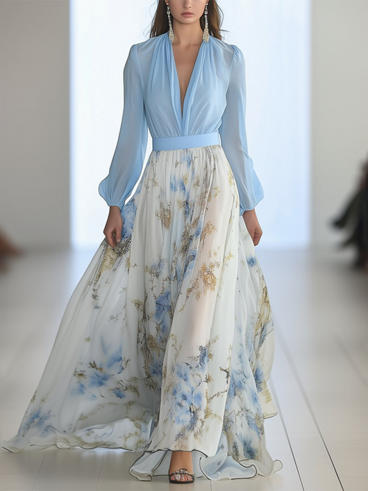 Elara | Chiffon maxijurk met bloemenprint en ruches – avondjurk