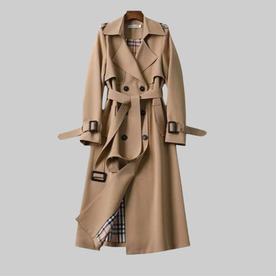 Helga | Lange dames trenchcoat met dubbele knoopsluiting en ceintuur