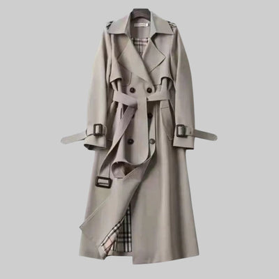 Helga | Lange dames trenchcoat met dubbele knoopsluiting en ceintuur