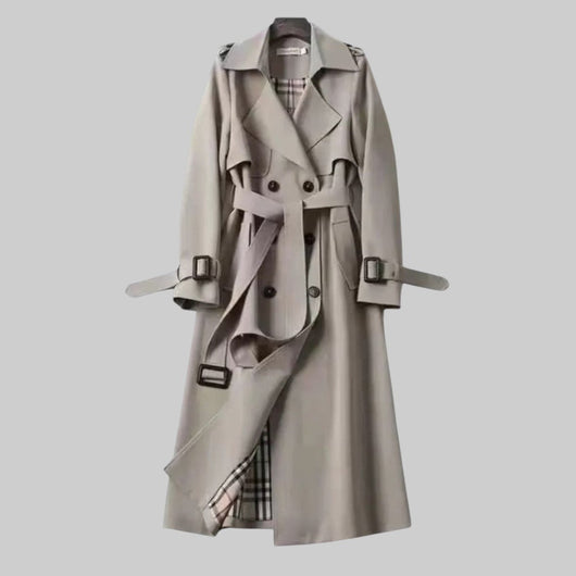 Helga | Lange dames trenchcoat met dubbele knoopsluiting en ceintuur