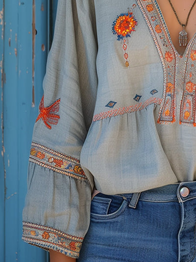 Yvonne | Dames boho-blouse met borduurwerk en V-hals
