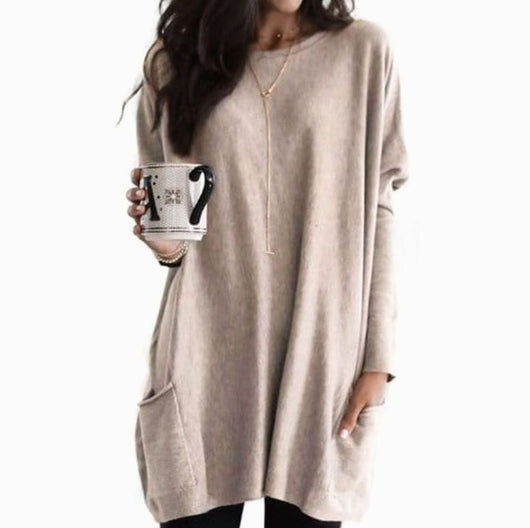 Leonie | Lange oversized dames trui met ronde hals en zakken