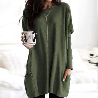 Leonie | Lange oversized dames trui met ronde hals en zakken