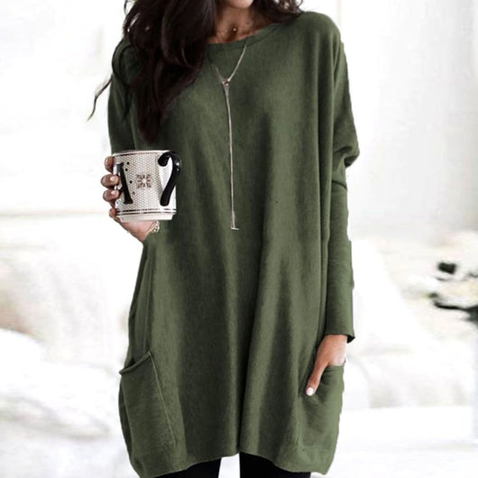 Leonie | Lange oversized dames trui met ronde hals en zakken