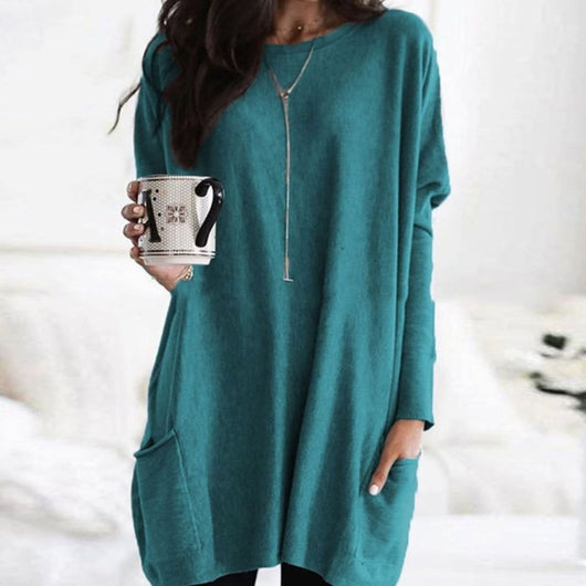 Leonie | Lange oversized dames trui met ronde hals en zakken