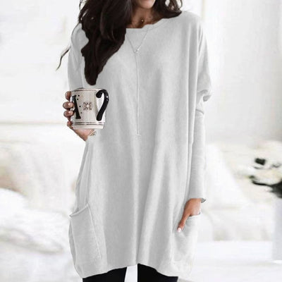 Leonie | Lange oversized dames trui met ronde hals en zakken