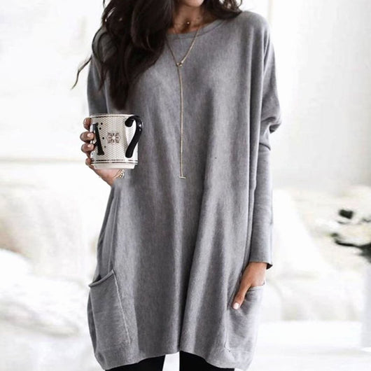 Leonie | Lange oversized dames trui met ronde hals en zakken