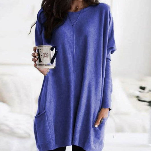 Leonie | Lange oversized dames trui met ronde hals en zakken