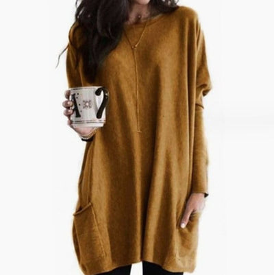 Leonie | Lange oversized dames trui met ronde hals en zakken