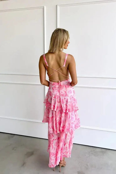 Emilia | Elegante gelaagde dames maxijurk met bloemenprint