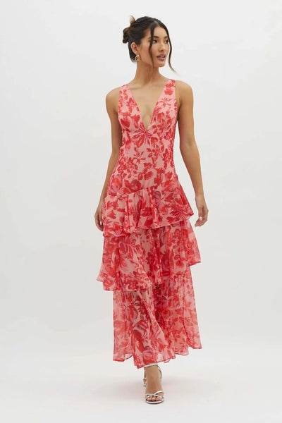 Emilia | Elegante gelaagde dames maxijurk met bloemenprint