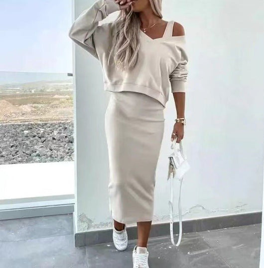 Barbara | Casual dames set met gebreide trui en midijurk
