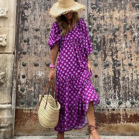 Flora | Boho maxijurk met print, pofmouwen en V-hals