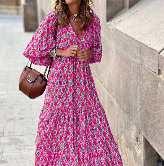 Flora | Boho maxijurk met print, pofmouwen en V-hals