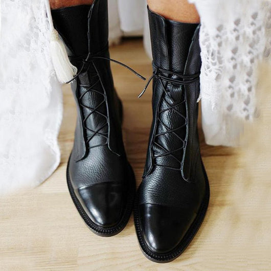 Charlotte | Dames enkellaarsjes van imitatieleer met veters in vintage look