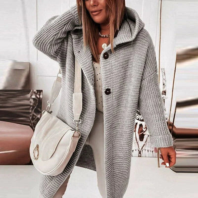 Lena | Lang warm oversized damesvest met capuchon en knoopsluiting