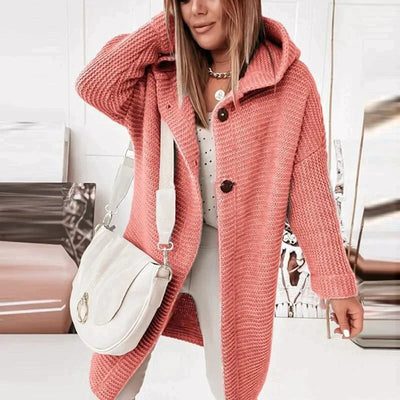 Lena | Lang warm oversized damesvest met capuchon en knoopsluiting