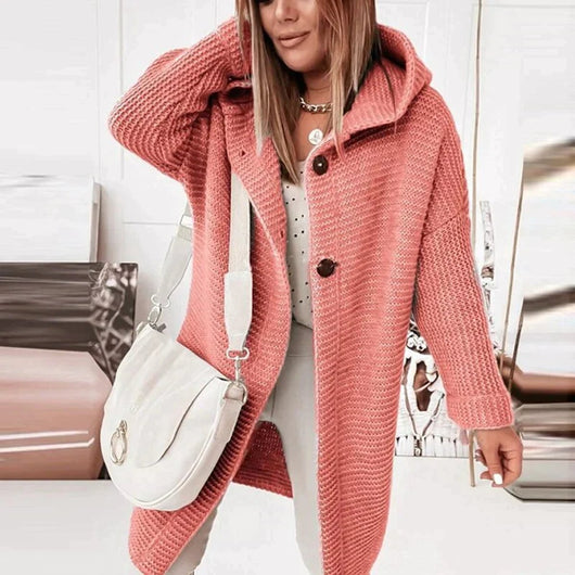 Lena | Lang warm oversized damesvest met capuchon en knoopsluiting