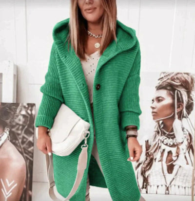 Lena | Lang warm oversized damesvest met capuchon en knoopsluiting