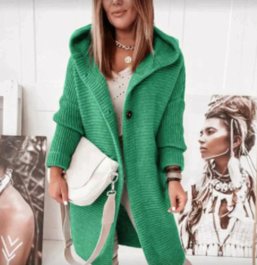 Lena | Lang warm oversized damesvest met capuchon en knoopsluiting