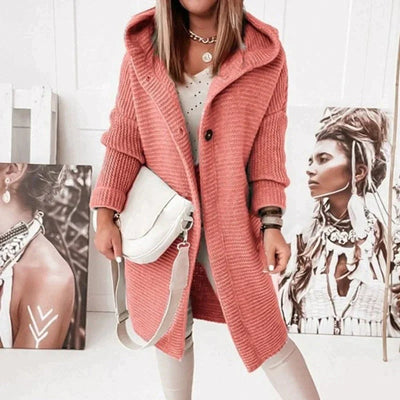 Lena | Lang warm oversized damesvest met capuchon en knoopsluiting