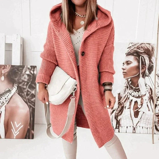 Lena | Lang warm oversized damesvest met capuchon en knoopsluiting