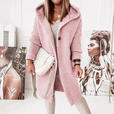 Lena | Lang warm oversized damesvest met capuchon en knoopsluiting