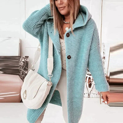 Lena | Lang warm oversized damesvest met capuchon en knoopsluiting