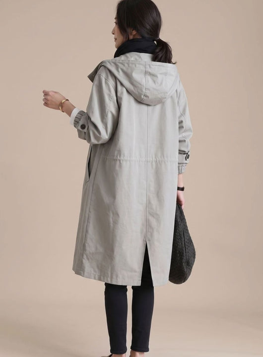 Annika | Lange dames trenchcoat met capuchon in Koreaanse stijl, grote maten