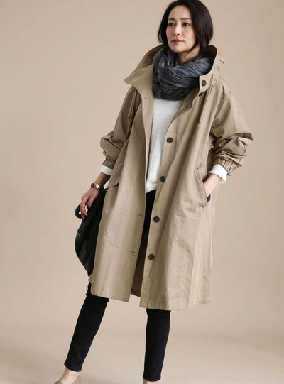 Annika | Lange dames trenchcoat met capuchon in Koreaanse stijl, grote maten