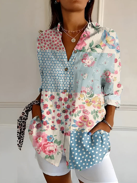 Johanna | Gestipte dames blouse met knoopsluiting en print