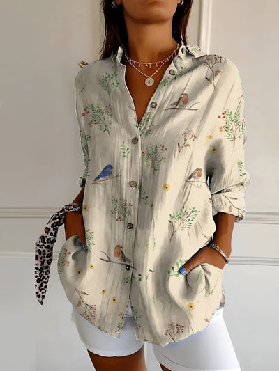 Johanna | Gestipte dames blouse met knoopsluiting en print