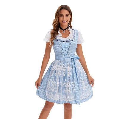 Greta | Lichtblauwe dames Oktoberfest dirndl met rijgsluiting en kanten schort