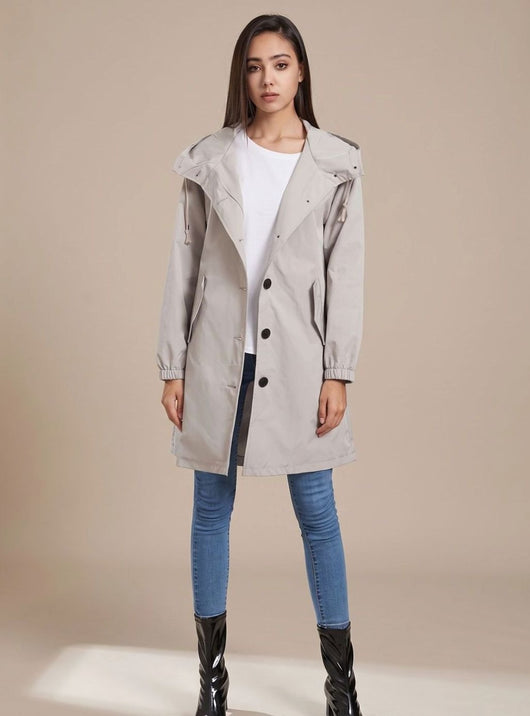 Greta | Waterafstotende lange dames outdoormantel met capuchon