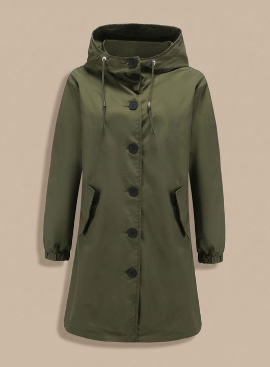 Greta | Waterafstotende lange dames outdoormantel met capuchon