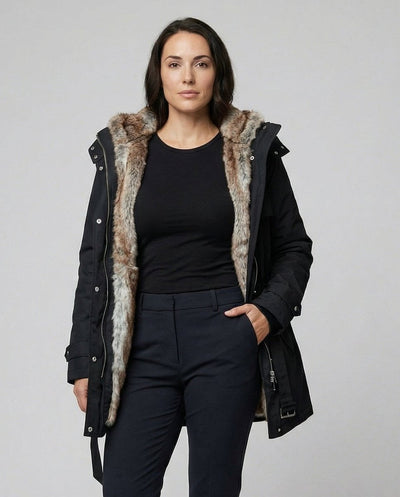 Charlotte | Lange gevoerde dames winterparka met imitatiebonten capuchon