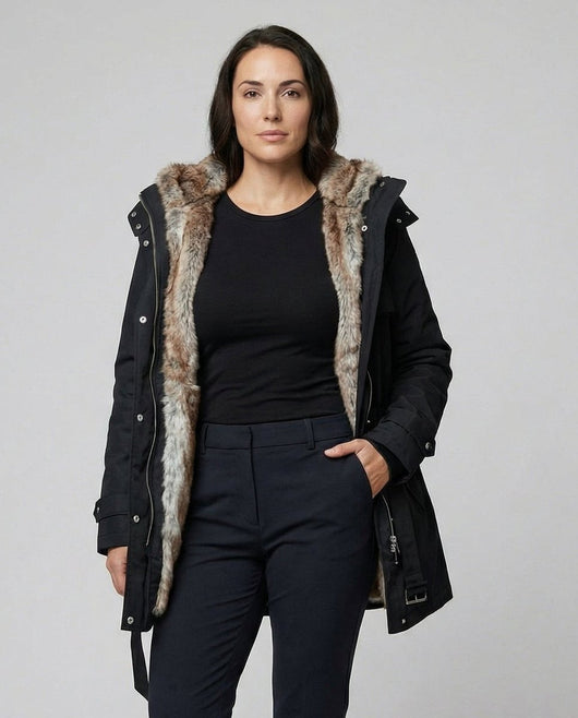 Charlotte | Lange gevoerde dames winterparka met imitatiebonten capuchon