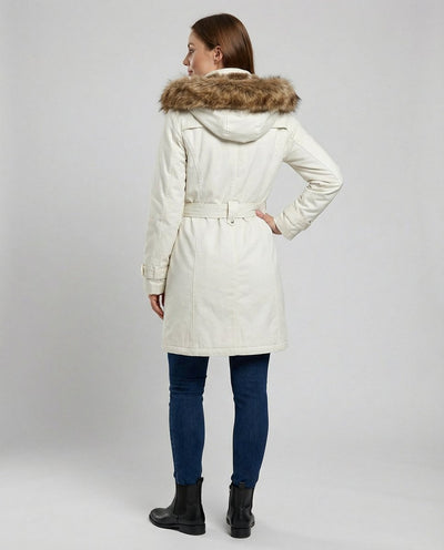 Charlotte | Lange gevoerde dames winterparka met imitatiebonten capuchon