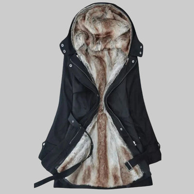 Charlotte | Lange gevoerde dames winterparka met imitatiebonten capuchon