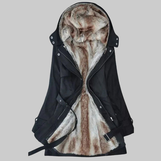 Charlotte | Lange gevoerde dames winterparka met imitatiebonten capuchon