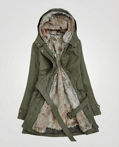 Charlotte | Lange gevoerde dames winterparka met imitatiebonten capuchon