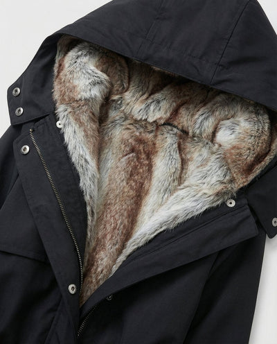 Charlotte | Lange gevoerde dames winterparka met imitatiebonten capuchon