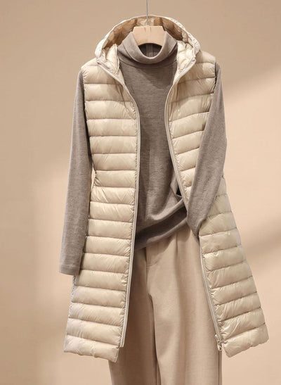 Emilia | Lange mouwloze gewatteerde dames parka met capuchon
