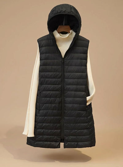 Emilia | Lange mouwloze gewatteerde dames parka met capuchon